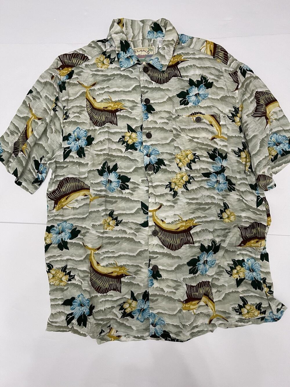 Vintage Island Fever Hawaiian Shirt Mens Medium Rayon Marlin Fish Floral Print